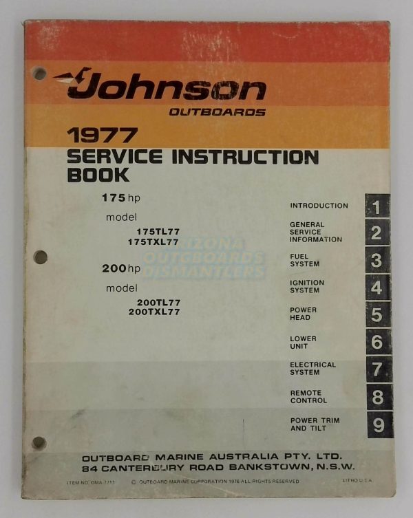 1977 Johnson Outboards 175/200 Hp Service Instruction Book