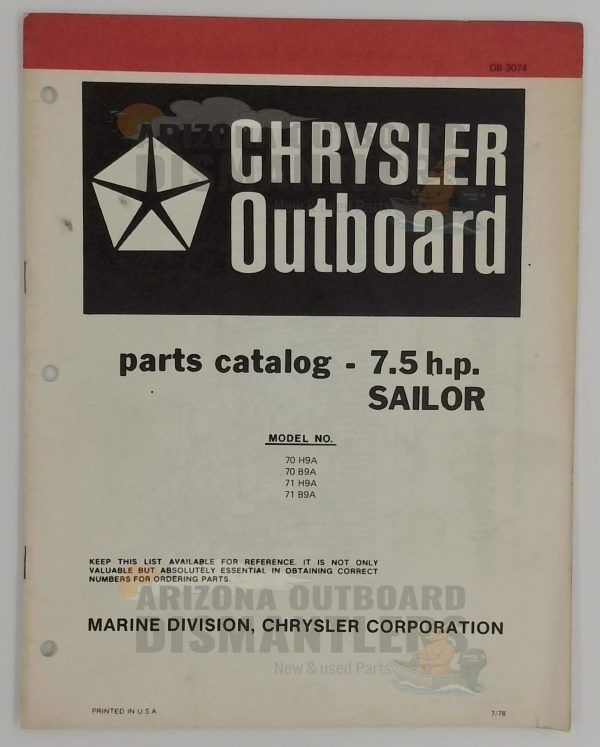 OB3074 Parts Catalog – Chrysler Outboard 7.5HP Sailor (Models 70H9A, 71H9A, 70B9A, 71B9A)
