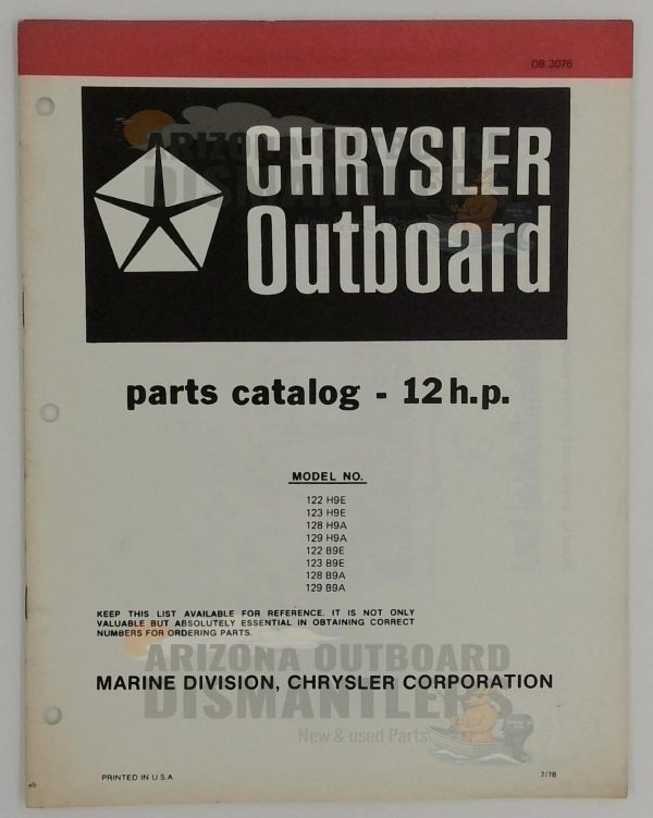 OB3076 Parts Catalog – Chrysler Outboard 12HP (Models 122H9E, 123H9E, 128H9A, 129H9A, 122B9E, 123B9E, 128B9A, 129B9A)