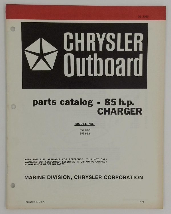 OB3086 Parts Catalog – Chrysler Outboard 85HP Charger (Models 859H9B, 859B9B)